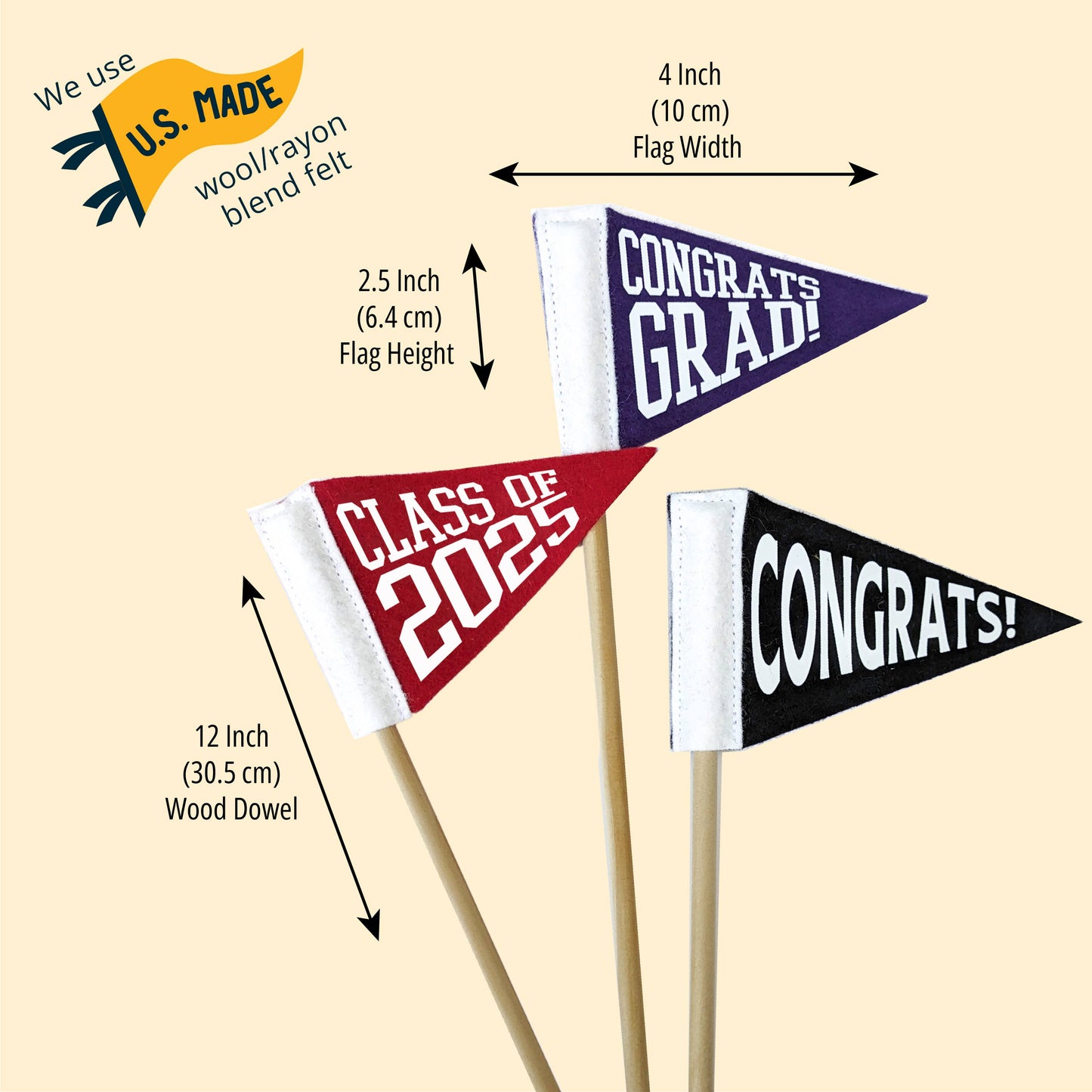 Graduation, Class of 2025 Tiny Pennant | Wool Blend Handmade