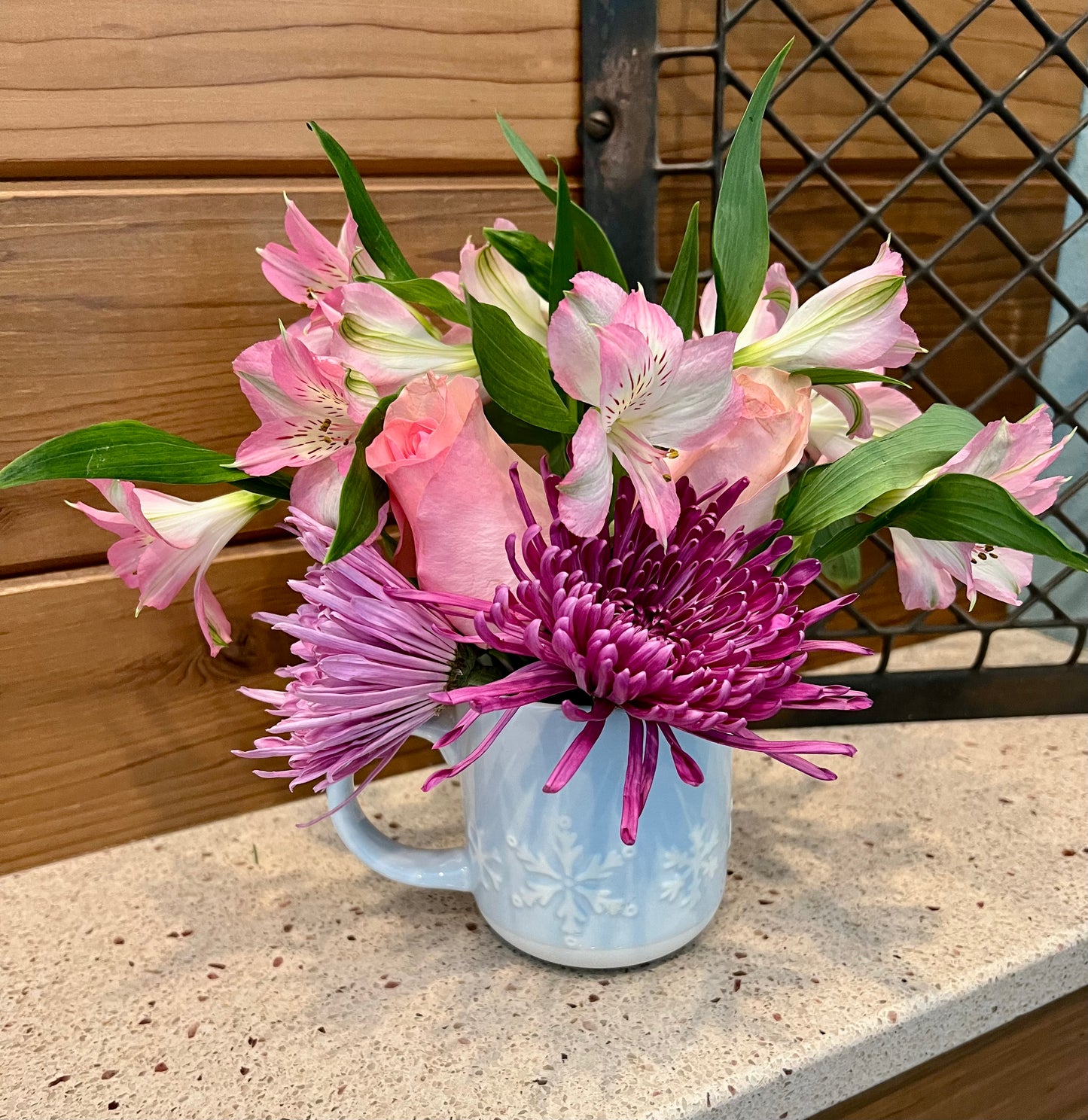 *New in Greens* Snowflake Mug filled with fresh cut flowers