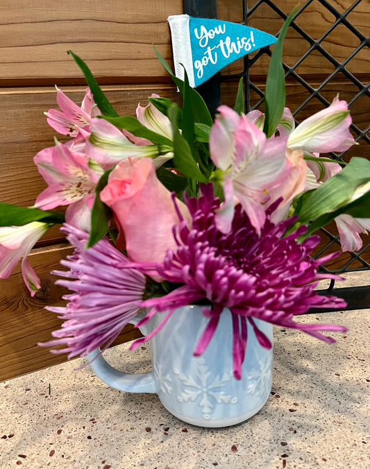 *New in Greens* Snowflake Mug filled with fresh cut flowers